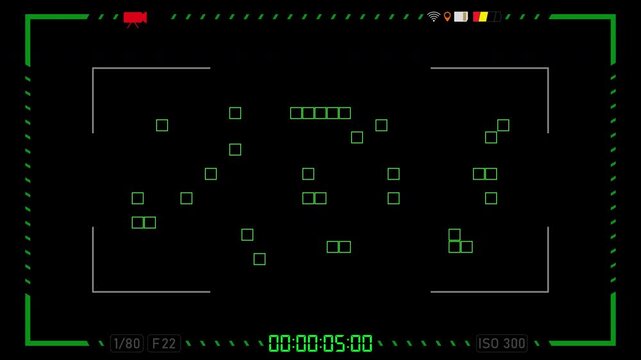 Realistic animation of the camera screen with focus effect, green frame, flashing circle with REC, stopwatch. A 4k video recording frame with an alpha channel.