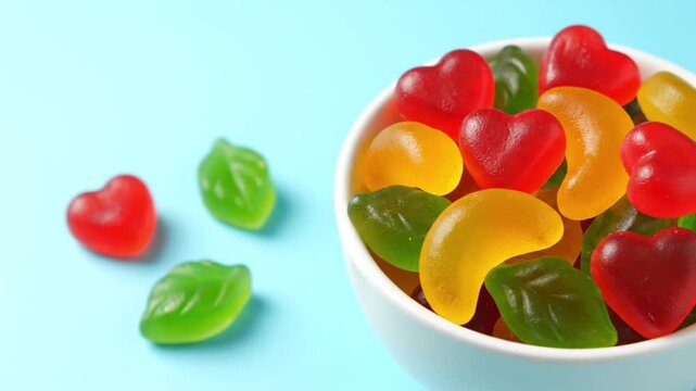 Colorful heart shaped gummies in bowl on blue background