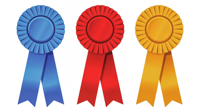 Three rosette ribbons in blue red and gold on a white background award prize