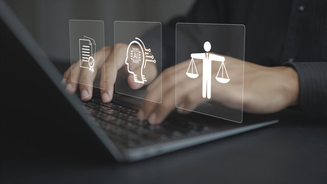 AI regulation concept. Person using laptop with artificial intelligence compliance icons, digital law, governance, ethical AI, data protection and technology regulation.