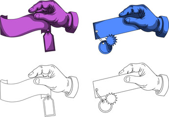 Vintage etching style hand holding price tag and discount banner set. Retro engraving vector illustration of hand gestures for sale offer and commercial promotion.