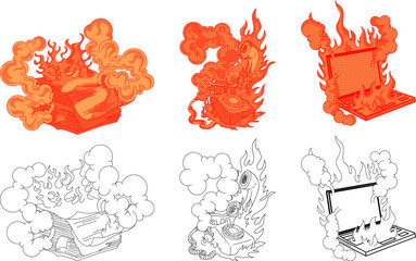burning laptop, documents, and office telephone.representing mental exhaustion and workplace stress.for articles on occupational burnout, stress management, and corporate mental health.