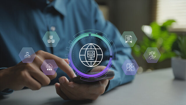 Digital database management platform with virtual icons for data storage, backup and analytics. Business professional monitoring database performance and integrity via an online interface.