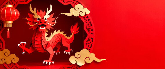 Red paper cut dragon within decorative circular frame on red background with large copy space, cute 3D paper craft style for Chinese New Year 2026 and Year of the Horse banner.