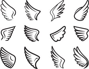Obraz premium A collection of simple outlined cartoon wings in various shapes and sizes on a white background