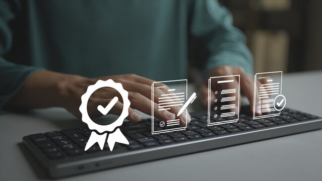 Quality assurance concept. Business person working with quality control and checklist icons, process verification, performance monitoring, compliance and standard management.