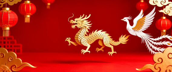 Luxury Chinese New Year background with 3D paper cut dragon and phoenix, golden lanterns on red backdrop, elegant paper craft art style for Year of the Horse celebration and Lunar New Year festivals.