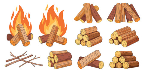 Wooden logs and firewood piles with flames burning on white background