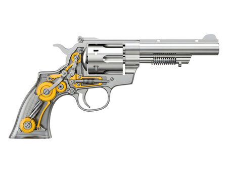 Vintage revolver with ornate wood and metal detailing displayed prominently. isolated on transparent background