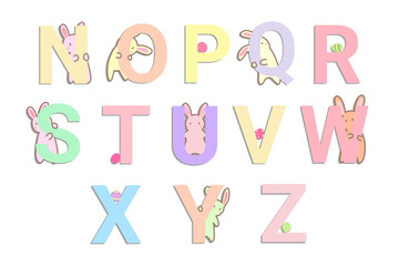 Cute Easter Bunny Alphabet Letters N-Z, Pastel Font with Painted Eggs