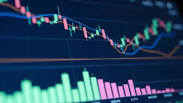 Close-up of dynamic stock market graph with colorful trend lines