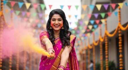 Fototapeta premium Beautiful Indian woman in saree throwing vibrant Holi colors with joyful smile