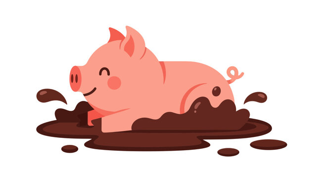 Happy pig playing in chocolate mud
