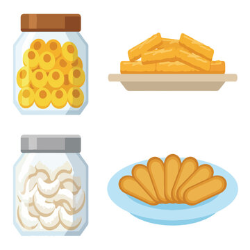 Indonesian Eid Cookie Jar and Plate Set: Nastar, Kastengel. Lebaran Holiday Sweet Snack and Pastry Collection
