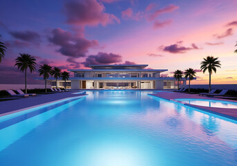 Fototapeta premium Modern luxury mansion with a sparkling pool reflecting a vibrant sunset, elegant architecture creating an exclusive, serene coastal retreat