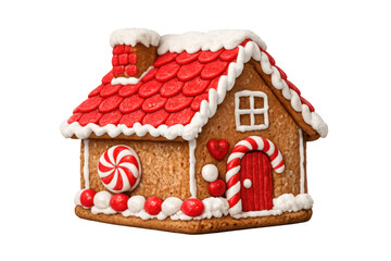 Gingerbread house with red roof and candy cane decorations, celebrating christmas and winter holidays, transparent background