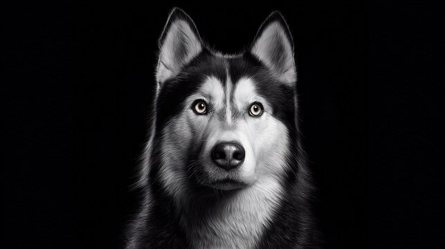 Close-up portrait of a husky dog with striking eyes
