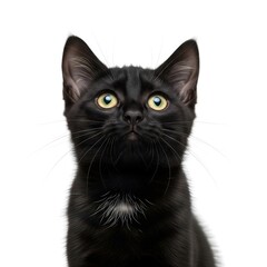 Adorable portrait of a young black kitten with bright yellow eyes looking up with curiosity against a clean white background for animal lovers posters