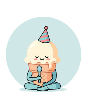 Cute Kawaii Ice Cream Character Meditating with Spoon and Party Hat Illustration