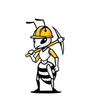 Bee Miner Mascot Cartoon Illustration With Helmet And Pickaxe
