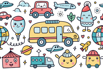 Naklejka premium Cheerful anthropomorphic yellow school bus, red car, hot air balloon, spaceship, and other cute flying vehicles create a charming seamless pattern for children's projects, isolated on white.
