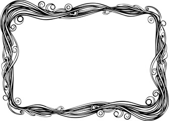 A decorative black and white vector graphic border with swirling lines and circles