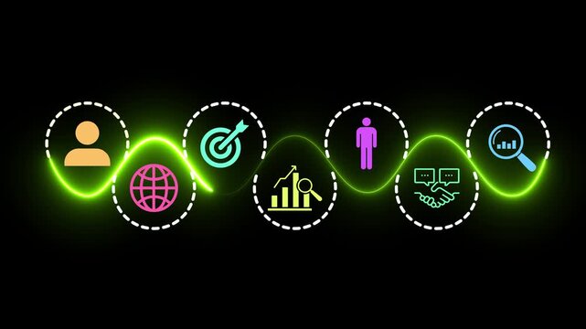 Business professional interact concept on the black background. Digital interface featuring customer targeting icons, data analytics symbols. Motion graphics of professional business idea. 4k video.