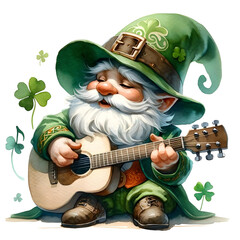 Cute Leprechaun Playing Guitar with Shamrocks
