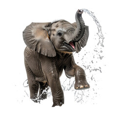 Joyful Baby Elephant Showering: A playful baby elephant exuberantly sprays water from its trunk, creating a delightful scene of aquatic joy and youthful energy.