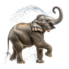 Joyful Elephant Splashing Water: An adorable baby elephant joyfully frolics, playfully splashing water with its trunk. Capturing a moment of pure delight and the essence of the animal kingdom.