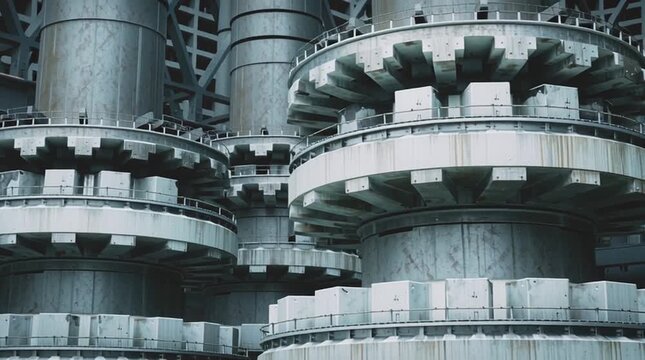 Close-up of reactor-inspired mechanical structures simplified into geometric forms, soft industrial gradients and minimal composition, clean advanced energy infrastructure concept.
