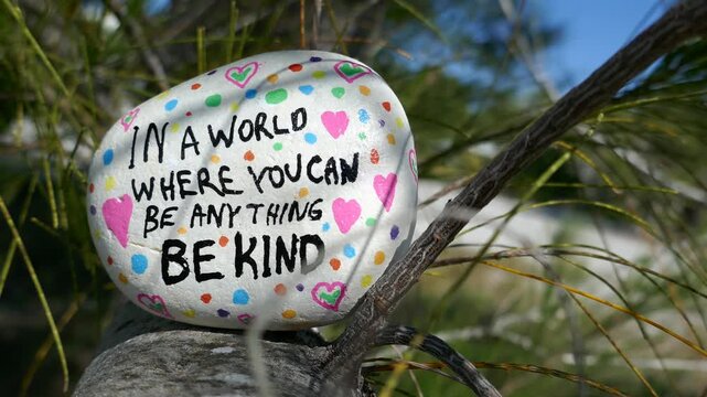 Be kind kindness rock on pine tree branch with needles blowing in wind