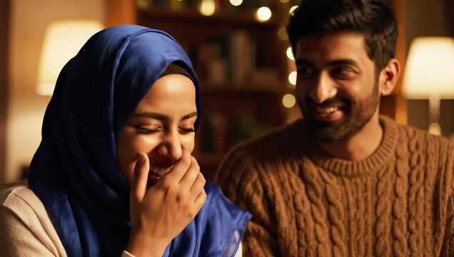 Couple enjoying cozy moments at home. Laughter fills air as they share smiles and secrets. Warm atmosphere creates bonds of love and friendship.
