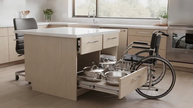 Medium shot of a lowered kitchen counter with pullout shelves extended highlighting easy access for seated use in a modern accessible kitchen.