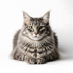 Fototapeta premium Majestic grey tabby Maine Coon cat with green eyes and fluffy fur sitting elegantly on a white background for pet care and veterinary promotional concepts