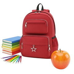 A red school bag with a stack of colorful books and an apple.