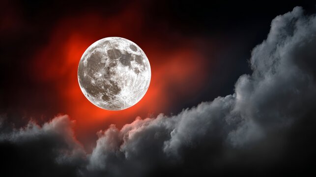 Massive full moon illuminated against dark swirling clouds with subtle red thunder glows in the background, creating a dramatic noir-style night scene