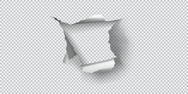 Realistic torn paper hole with ragged edges on transparent background for creative designs