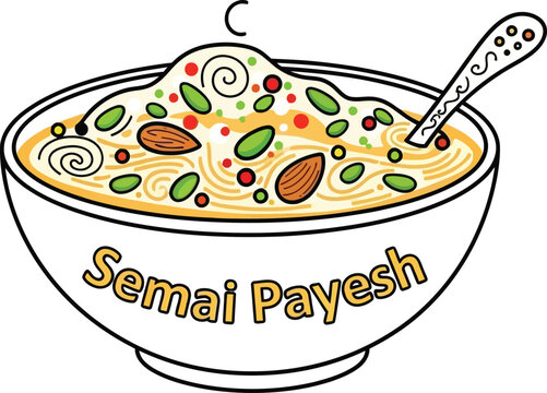 Bowl of sweet semai payesh vermicelli pudding decorated with almonds and pistachios for traditional bengali dessert