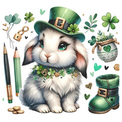 Whimsical Bunny in St. Patrick&rsquo;s Day Hat and Accessories