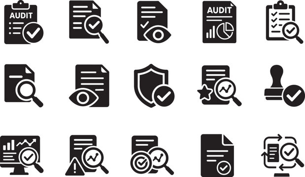 Audit icon set in solid glyph dual color style with check, verify, review, assess, monitor icons.
