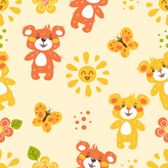 Obraz premium A seamless children's pattern with cute bears, smiling suns, butterflies, and flowers on a light yellow background. This flat vector illustration in warm orange and yellow tones 