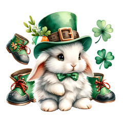 Lucky White Bunny Dressed as a Leprechaun with Shamrocks and Boots