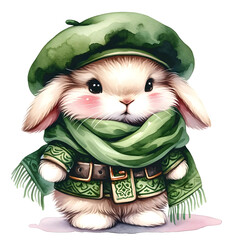 Stylish Bunny in Green Outfit with a Beret and Scarf
