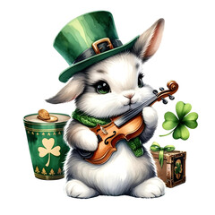Leprechaun Bunny Playing Violin with Shamrocks