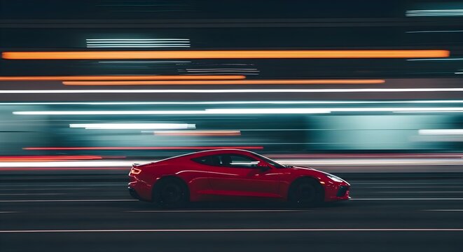 Fast Sports Car: Red luxury coupe driving at high speed with motion blur, night city street lights, performance vehicle, automotive racing, modern transportation speed concept