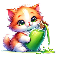Cute Kitten Holding a Bottle of Green Potion