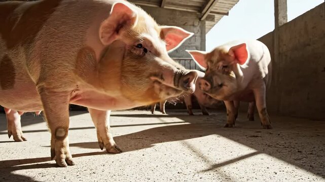 Adult pig and piglet in a sunlit farm barn, livestock on concrete floor under warm natural light