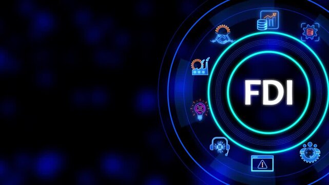 Foreign Direct Investment F D I Concept with Business and Graphs on Dark Blue Background with Neon Accents