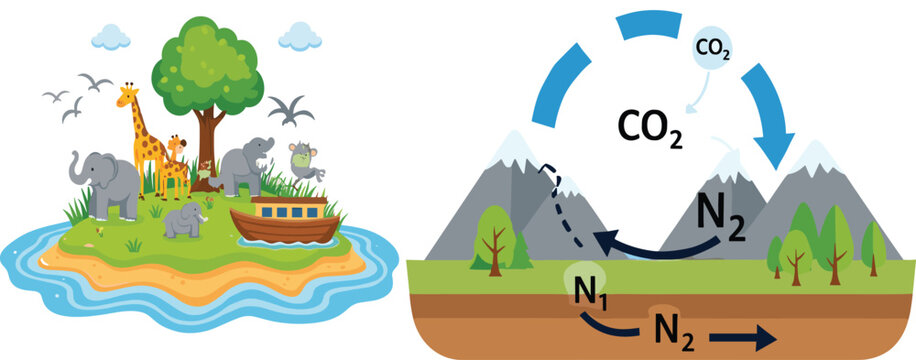 Cartoon ecosystem island with wild animals and nitrogen carbon cycle diagram colorful environmental education vector illustration set